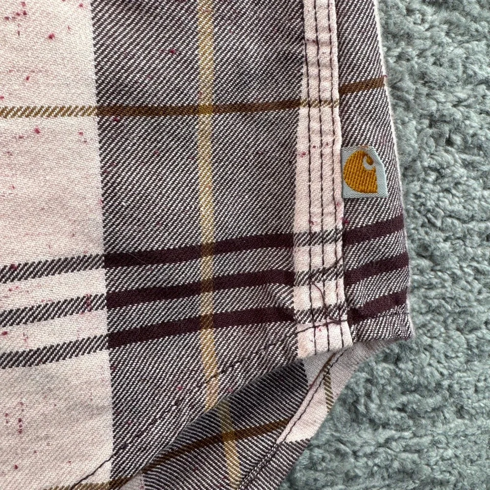 Carhartt‎ Womens XL Flannel Shirt Pink Plaid Band Collar Button Up Top